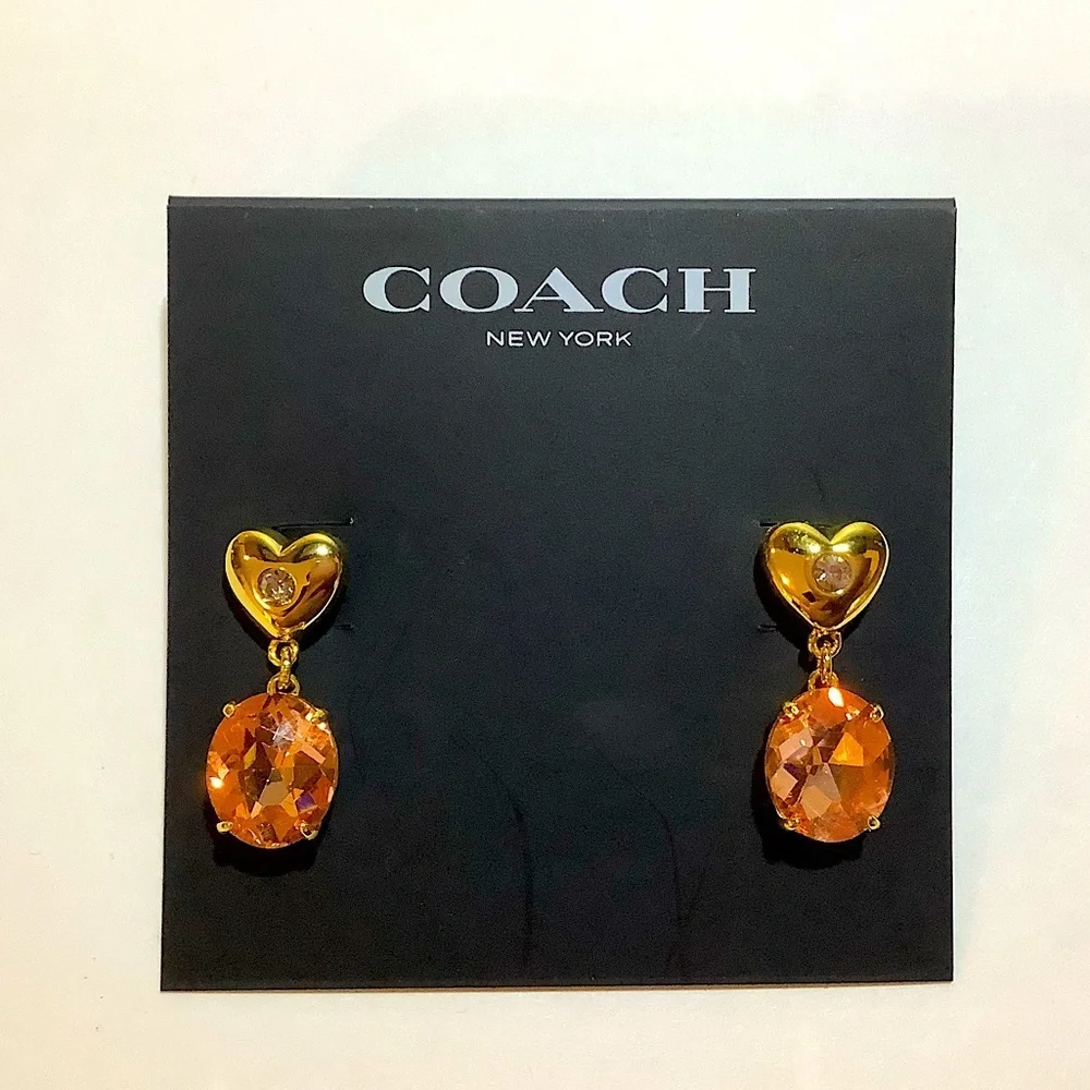 Coach Heart Pink Stone Drop Earrings New - Picture 2 of 4